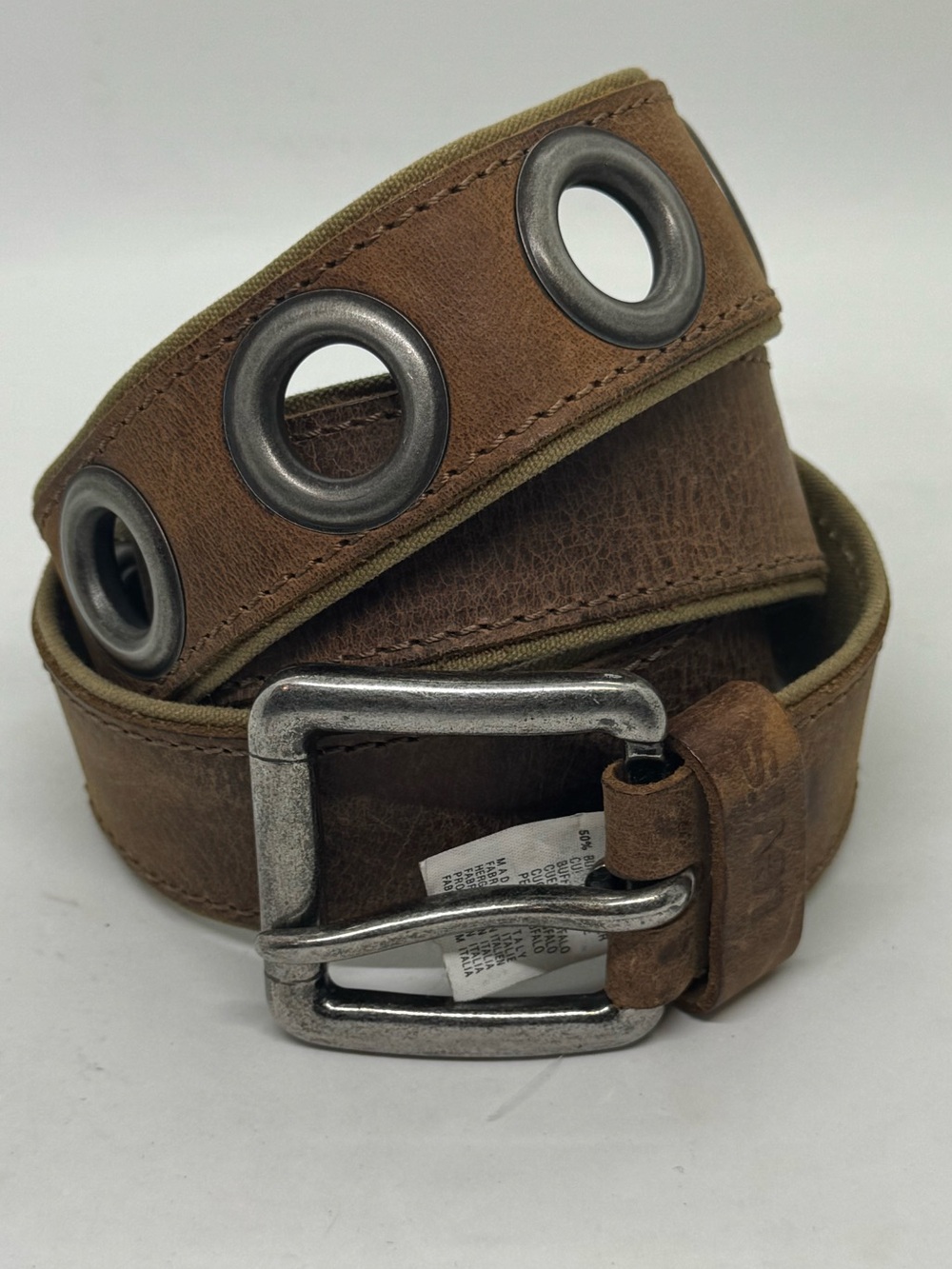 Levi’s Red Tab Italy Brown Buffalo Leather Belt Oversized Jumbo Grommets Size 38